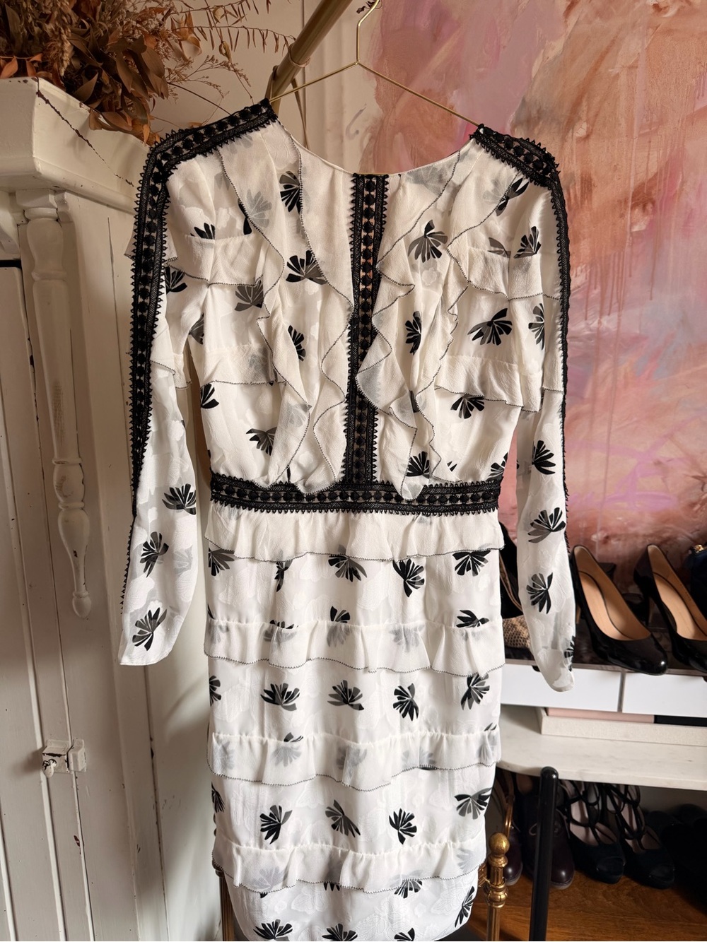 Sachin + Babi White and Black Ruffle Long-Sleeve Mini Dress